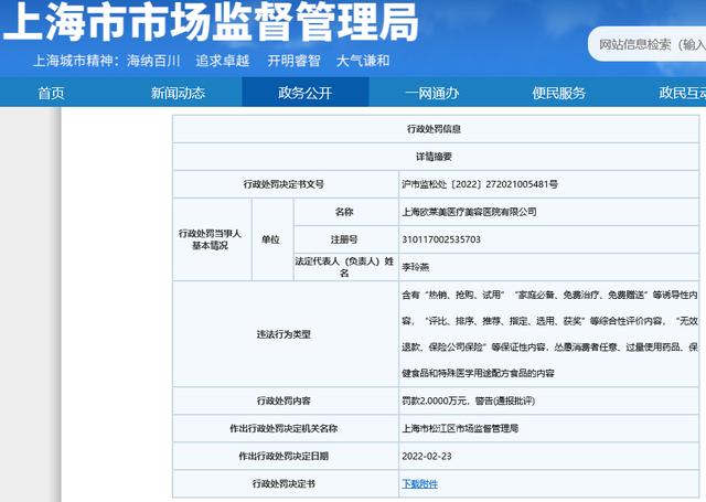 上海韩啸医疗美容门诊部因发布医疗广告利用医生形象作证明被处罚